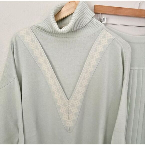 LIZ CLAIBORNE | Vintage Green Ivory Sweater Pleated Skirt Set Lambswool | Large - Picture 5 of 9